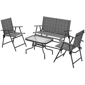 Outsunny 4 Pcs Patio Furniture Set w/ Breathable Mesh Fabric Seat, Backrest, Garden Set w/ Foldable Armchairs, Loveseat, Glass Top Table, Mixed Grey