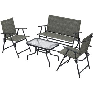 Outsunny 4 Pcs Patio Furniture Set w/ Breathable Mesh Fabric Seat, Backrest, Garden Set w/ Foldable Armchairs, Loveseat, Glass Top Table, Mixed Brown