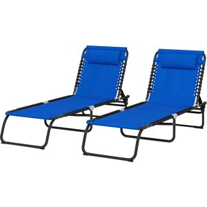 Outsunny 2 Pcs Folding Sun Lounger Beach Chaise Chair Garden Cot Camping Recliner with 4 Position Adjustable Blue