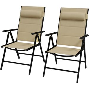 Outsunny Set of 2 Patio Folding Chairs w/ Adjustable Back, Garden Dining Chairs w/ Breathable Mesh Fabric Padded Seat, Backrest, Headrest, Khaki