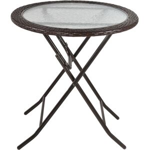 Outsunny Folding Round Tempered Glass Metal Table with Brown Rattan Edging