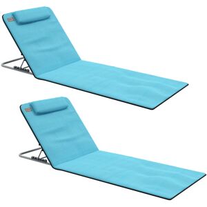 Outsunny Metal Frame PE Fabric 2 Pieces Outdoor Beach Reclining Chair Set w/ Pillow Light Blue