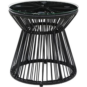 Outsunny Round End Table, Rattan Side Table, Hollow Drum Design Coffee Table w/ Glass Tabletop for Patio, Garden, Balcony Black