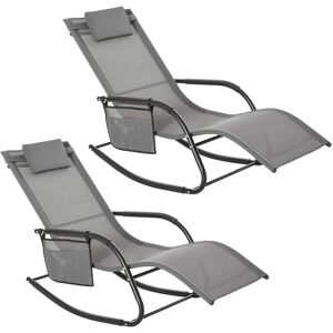 Outsunny 2Pcs Garden Rocking Chair, Patio Sun Lounger Rocker Chair w/ Breathable Mesh Fabric, Removable Headrest Pillow, Side Storage Bag, Grey