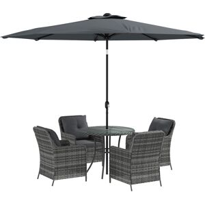 Outsunny 6 Pieces Garden Dining Set, 4 Seater Rattan Dining Set Outdoor with Umbrella, Cushions, Tempered Glass Top Table