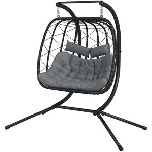 Outsunny Outdoor PE Rattan Double-seater Swing Chair w/ Thick Padded Cushion, Patio Hanging Chair for 2 w/ Metal Stand, Headrest, Black