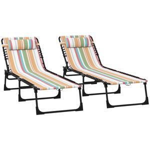 Outsunny Folding Sun Lounger Set of 2, Beach Chaise Chair, Garden Cot, 4-Position Adjustable, Multicoloured, with Metal Frame.