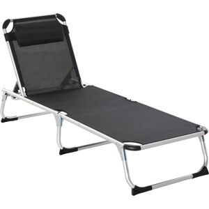 Outsunny Foldable Reclining Sun Lounger Lounge Chair Camping Bed Cot with Pillow 5-Level Adjustable Back Aluminium Frame Black