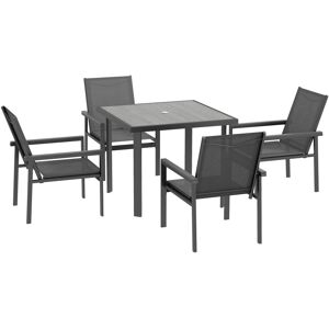 Outsunny 5 Pieces Garden Dining Set with Glass Top Dining Table, Outdoor Umbrella Hole Table and 4 Armchairs w/ Breathable Mesh Fabric Seats