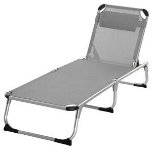 Outsunny Reclining Sun Lounger, Foldable Lounge Chair, Camping Bed Cot, 4-Level Back, Aluminium Frame, Pillow, Grey