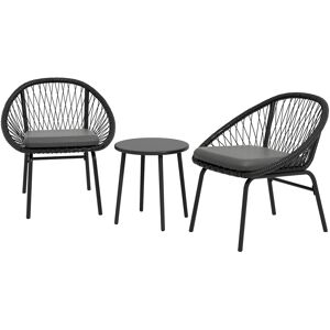 Outsunny 3 Piece Garden Furniture Set with Cushions, Round PE Rattan Bistro Set w/ 2 Armchairs & Metal Plate Coffee Table