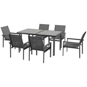 Outsunny 7 Pieces Garden Dining Set w/ Glass Top Dining Table, Outdoor Table and 6 Armchairs w/ Breathable Mesh Fabric Seats and Backrest