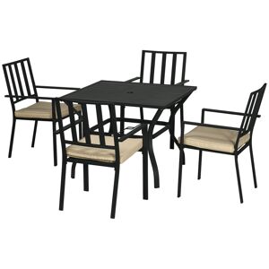 Outsunny 5-Piece Outdoor Dining Set with Cushions, Metal Table & 4 Stackable Chairs, Umbrella Hole, Black