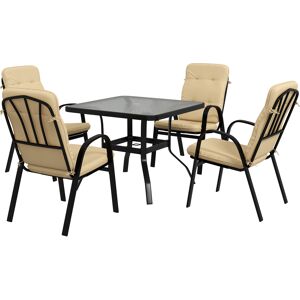 Outsunny 5 Pieces Outdoor Square Garden Dining Set w/ Tempered Glass Dining Table 4 Cushioned Armchairs, Umbrella Hole, Beige