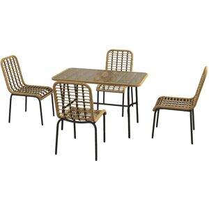 Outsunny 5 Pcs Rattan Outdoor Dining Set Patio Conservatory w/ Tempered Glass Tabletop Hollowed-out Design - Natural Wood Finish