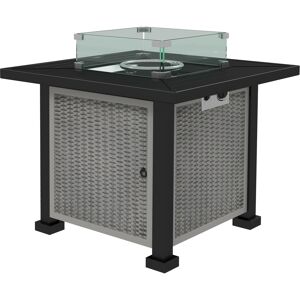 Outsunny Square Gas Fire Pit Table, Rattan Smokeless Fire Pit with Glass Screen and Beads, Lid, 50000 BTU, 81x81x64cm, Grey