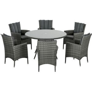 Outsunny 7 Pieces PE Rattan Dining Set w/ Cushions, Garden Furniture Set w/ Six Armchairs, Patio Conservatory w/ Tempered Glass Tabletop