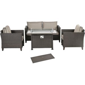 Outsunny 5-Piece Rattan Patio Furniture Set with Gas Fire Pit Table, Loveseat Sofa, Armchairs, Cushions, Pillows, Deep Brown