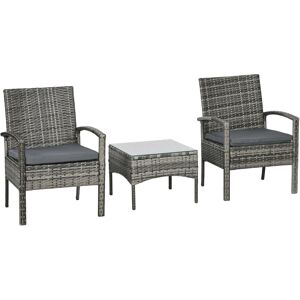 Outsunny 3 Pieces Outdoor Rattan Bistro Set, Patio Wicker Balcony Furniture, Conservatory Sets w/ Coffee Table and Cushioned Chair, Mixed Grey