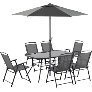 Outsunny 8 Pieces Metal Garden Furniture Set with Parasol and Folding Chairs, Patio Dining Set, 6 Seater Outdoor Table and Chairs with Tempered Glass Top, Black