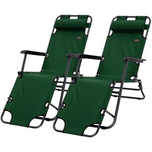 Outsunny Sun Loungers 2 Pack, 2 in 1 Folding Reclining Chairs with Adjustable Back and Pillow, Green