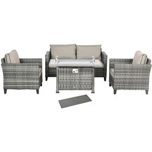 Outsunny 5-Piece Rattan Patio Furniture Set with Gas Fire Pit Table, Loveseat Sofa, Armchairs, Cushions, Pillows, Grey