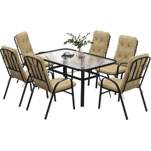 Outsunny 7 Piece Garden Dining Set, Outdoor Dining Table and 6 Cushioned Armchairs, Tempered Glass Top Table w/ Umbrella Hole, Texteline Seats, Beige