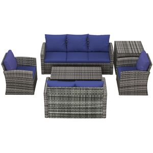 Outsunny 6 Pieces Outdoor Rattan Wicker Sofa Set Sectional Patio Conversation Furniture Set w/ Storage Table & Cushion Navy Blue