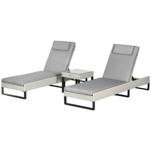 Outsunny 3-piece PE Rattan Sun Lounger Set with Adjustable 5-Position Recliner, Patio Chaise Lounge Chair Set with Cushions, Headrests, Glass Top Square Coffee Table, Light Grey