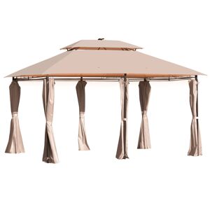 Outsunny 4 x 3(m) Outdoor Gazebo Canopy Party Tent Garden Pavilion Patio Shelter w/ LED Solar Light, Double Tier Roof, Curtains, Steel Frame, Khaki