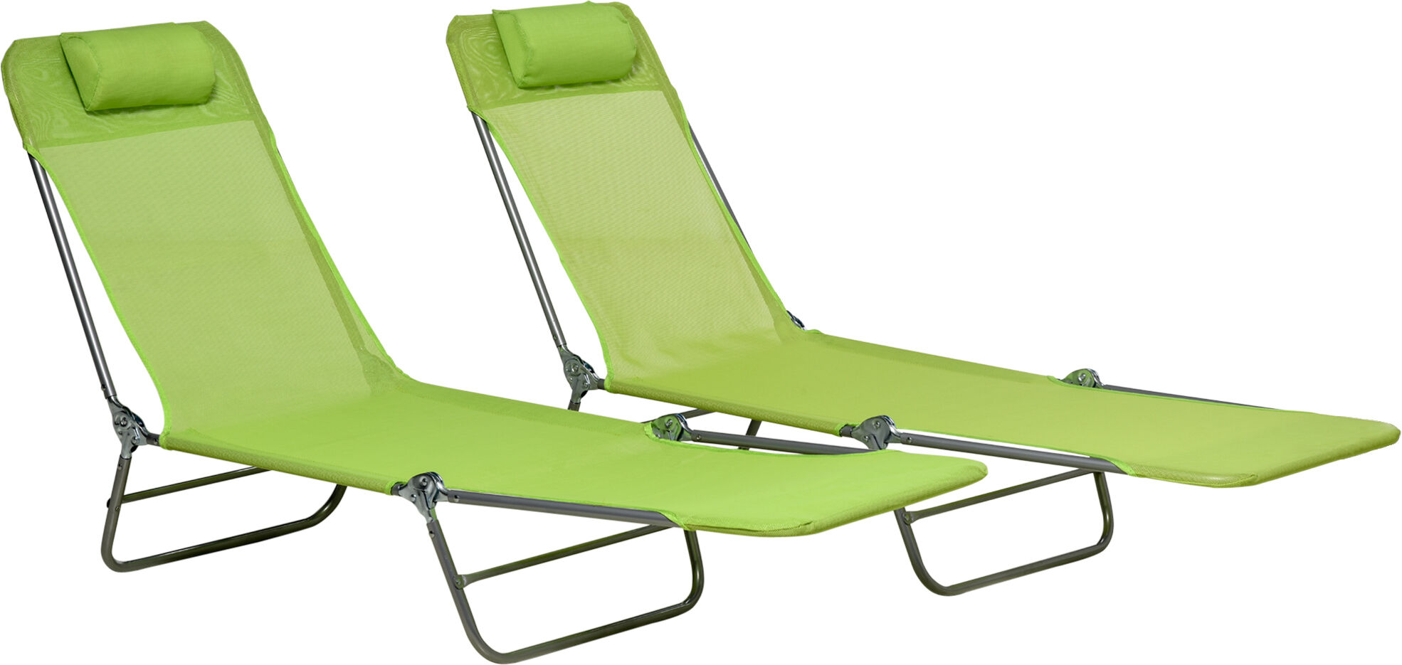 Outsunny Reclining Sun Lounger, Set of 2, Folding Outdoor Day Bed with Pillow, Steel Frame, Breathable Mesh, Green