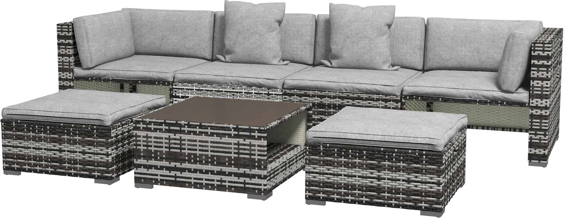 Outsunny 7-Piece Rattan Patio Furniture Set with Sofa, Footstools, Coffee Table, Side Shelves, Cushions, Pillows, Mixed Grey