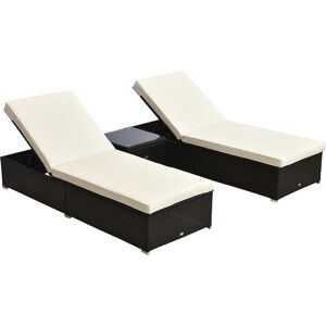 Outsunny 3PC Rattan Sun Lounger Garden Outdoor Wicker Recliner Bed Side Table Set Patio Furniture Dark Coffee