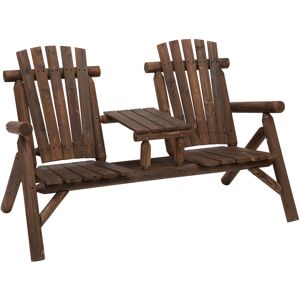 Outsunny Wood Patio Chair Bench 2 Seats with Center Coffee Table, Garden Loveseat Bench Backyard, Perfect for Lounging Relaxing Outdoors, Carbonized