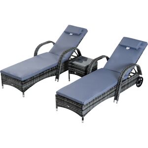 Outsunny 3 Pieces Rattan Sun Loungers, Garden Wicker Wheeling Recliner , PE Rattan Lounge Chairs w/ Cushions & Side Coffee Table Grey Aosom UK