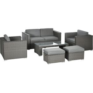 Outsunny 6PC Garden Rattan Sofa Set Outdoor Furniture Patio Table Loveseat Stool Lounging Ottoman Aluminium Frame Wicker Weave Conservatory Grey