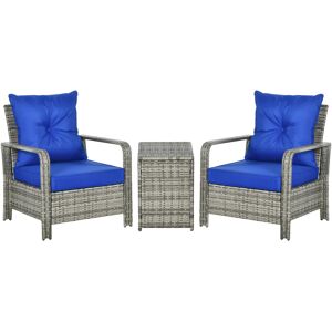 Outsunny 3 pcs PE Rattan Wicker Garden Furniture Patio Bistro Set Weave Conservatory Sofa Storage Table and Chairs Set Blue Cushion Grey Wicker
