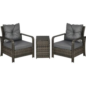 Outsunny 3 pcs PE Rattan Wicker Garden Furniture Patio Bistro Set Weave Conservatory Sofa Storage Table and Chairs Set Grey Cushion Aosom UK