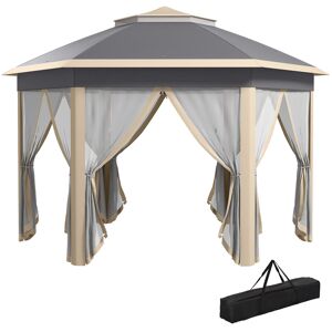 Outsunny Hexagon Pop Up Gazebo Outdoor Patio Gazebo Double Roof Instant Shelter with Netting, 3 x 4m, Khaki