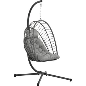 Outsunny Outdoor PE Rattan Swing Chair with Thick Padded Cushion, Foldable Basket Patio Hanging Chair with Metal Stand, Headrest