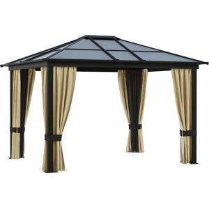 Outsunny 3.6 x 3(m) Hardtop Gazebo Canopy with Polycarbonate Roof and Aluminium Frame, Garden Pavilion with Mosquito Netting and Curtains, Brown