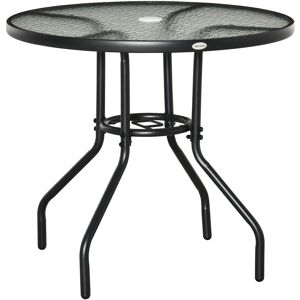 Outsunny Round Garden Dining Table, Outdoor Coffee Table, Tempered Glass Top Steel Garden Table w/ Parasol Hole, Black Aosom UK