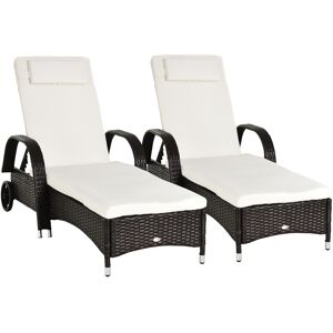 Outsunny 2PC Rattan Sun Lounger Recliner Bed Reclining Chair Patio Garden Outdoor Wicker Weave Adjustable Headrest with Fire Retardant Cushion – Brown