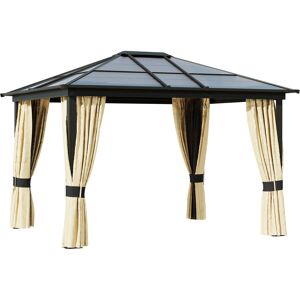 Outsunny 3.6 x 3(m) Polycarbonate Hardtop Gazebo with LED Solar Light and Aluminium Frame, Garden Pavilion with Mosquito Netting and Curtains