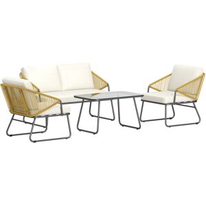 Outsunny 4 Piece Rattan Garden Furniture Set, Wicker Patio Outdoor Furniture Set with Armchairs, Cushions for Conservatory, Balcony, Natural Wood