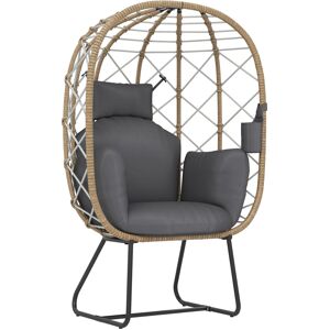 Outsunny Rattan Egg Chair Outdoor Indoor Wicker Chair with Thickened Cushion and Headrest, Cup Holder, Metal Frame for Patio, Balcony, Brown
