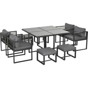 Outsunny 8 Seater Garden Dining Cube Set Aluminium Outdoor Furniture Set Dining Table, 4 Chairs and 4 Footstools with Cushion, Grey