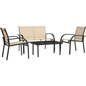 Outsunny 4 Pcs Curved Steel Outdoor Furniture Set w/ Loveseat, 2 Texteline Seats, Glass Top Table Garden Balcony Patio Furniture For Family Party Events Guests -Beige