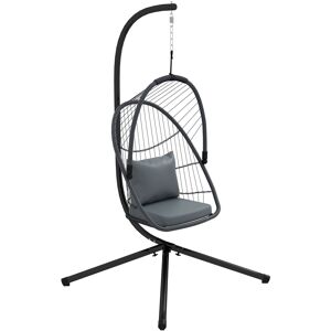 Outsunny Outdoor PE Rattan Swing Chair with Cushion, Foldable Basket Patio Hanging Chair w/ Metal Stand, Rotation Spring Hook, Basket Height