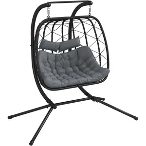 Outsunny Outdoor PE Rattan Double-seater Swing Chair w/ Thick Padded Cushion, Patio Hanging Chair for 2 w/ Metal Stand, Headrest, Black